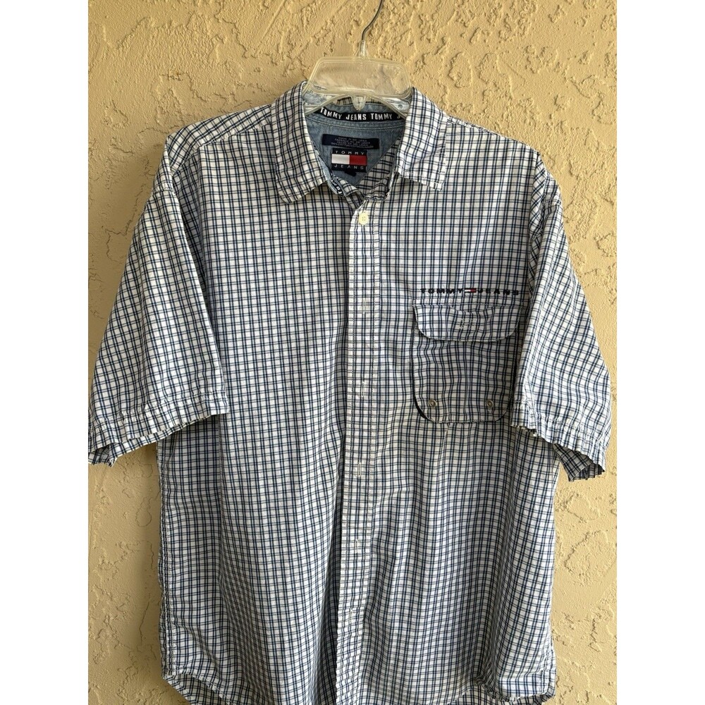 Tommy Hilfiger Jeans Men's Navy White Multi Check Plaid 100% Cotton Large Shirt